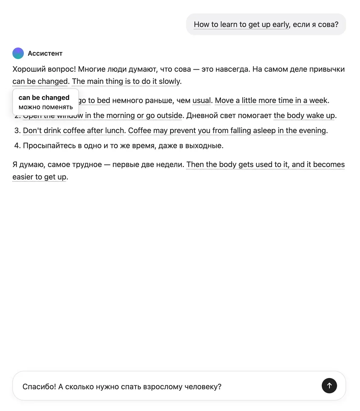 Ответ в чате с нейросетью, часть фраз по-английски, открыт перевод